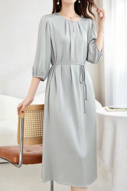 Elegant Crew Neck Long-Sleeve Dress With Tie Waist