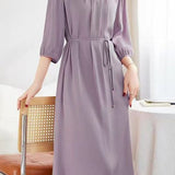 Elegant Crew Neck Long-Sleeve Dress With Tie Waist