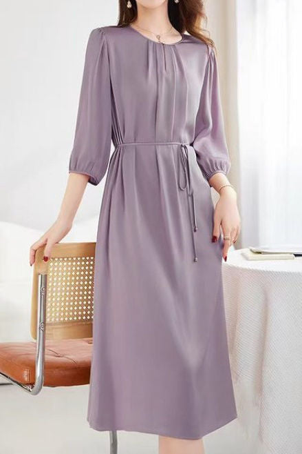 Elegant Crew Neck Long-Sleeve Dress With Tie Waist