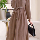 Exquisite Commuter Ruffled Crew Neck Long-Sleeve Dress With Drawstring Waist
