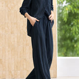 Casual Minimalist Two-Piece Set: Patch Pocket Drawstring Shirt & Trousers