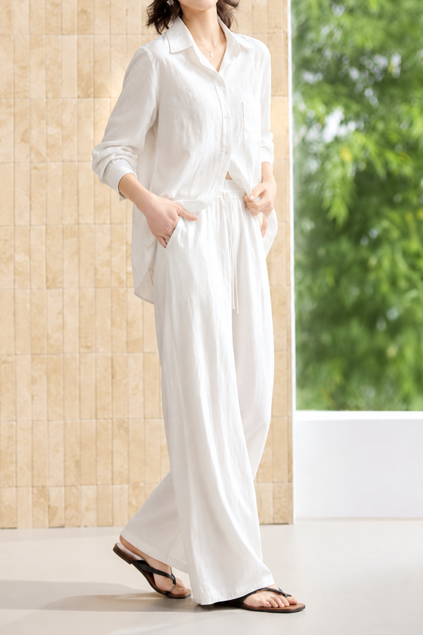 Casual Minimalist Two-Piece Set: Patch Pocket Drawstring Shirt & Trousers