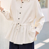Elegant Casual Lapel Striped Waist-Cinched Long Sleeve Blouse