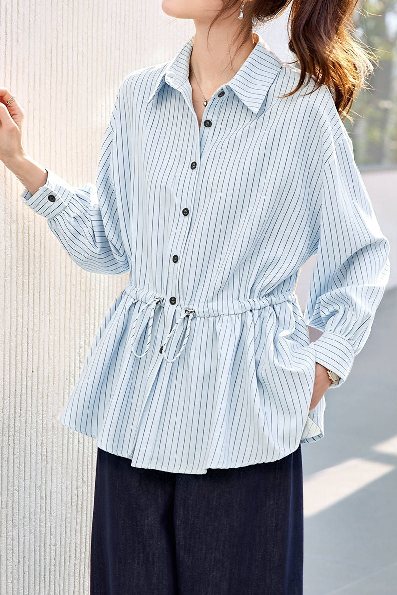 Elegant Casual Lapel Striped Waist-Cinched Long Sleeve Blouse