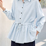 Elegant Casual Lapel Striped Waist-Cinched Long Sleeve Blouse
