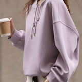 Casual Crew Neck Drawstring Drop Shoulder Long Sleeve Sweatshirt