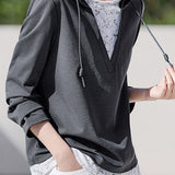 Casual Color-Block Printed Spliced Fake Two-Piece Hooded Drawstring Sweatshirt