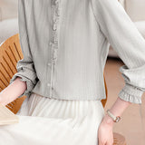 Elegant Vertical Shimmer Stripe Ruffled Blouse