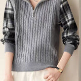 Casual Fake Two-Piece Plaid Spliced Zip Half-Placket Knit Top