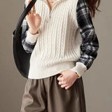 Casual Fake Two-Piece Plaid Spliced Zip Half-Placket Knit Top