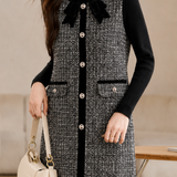 Elegant Tweed Color-Block Spliced Two-Piece Set: Slip Dress & Knit Top