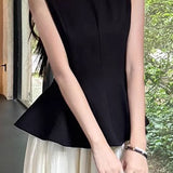 Elegant Mature Two-Piece Set: Sleeveless Top & Black-White Midi Skirt