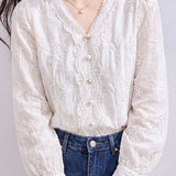 Elegant French V-Neck Embroidered Jacquard Long-Sleeve Blouse