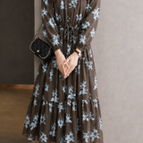 Exquisite Elegant Crew Neck Waist-Tied Printed Long-Sleeve Dress
