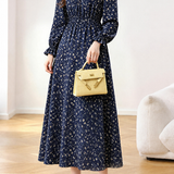 Exquisite Elegant Floral Waist-Cinched Long-Sleeve Dress
