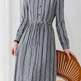 Elegant Lapel Drawstring Waist Plaid Midi Dress