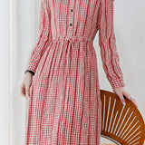 Elegant Lapel Drawstring Waist Plaid Midi Dress