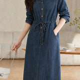 Casual Lapel Drawstring Waist Shirt Denim Dress