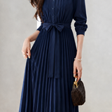 Elegant Crew Neck Tie Waist Long-Sleeve Pleated Dress