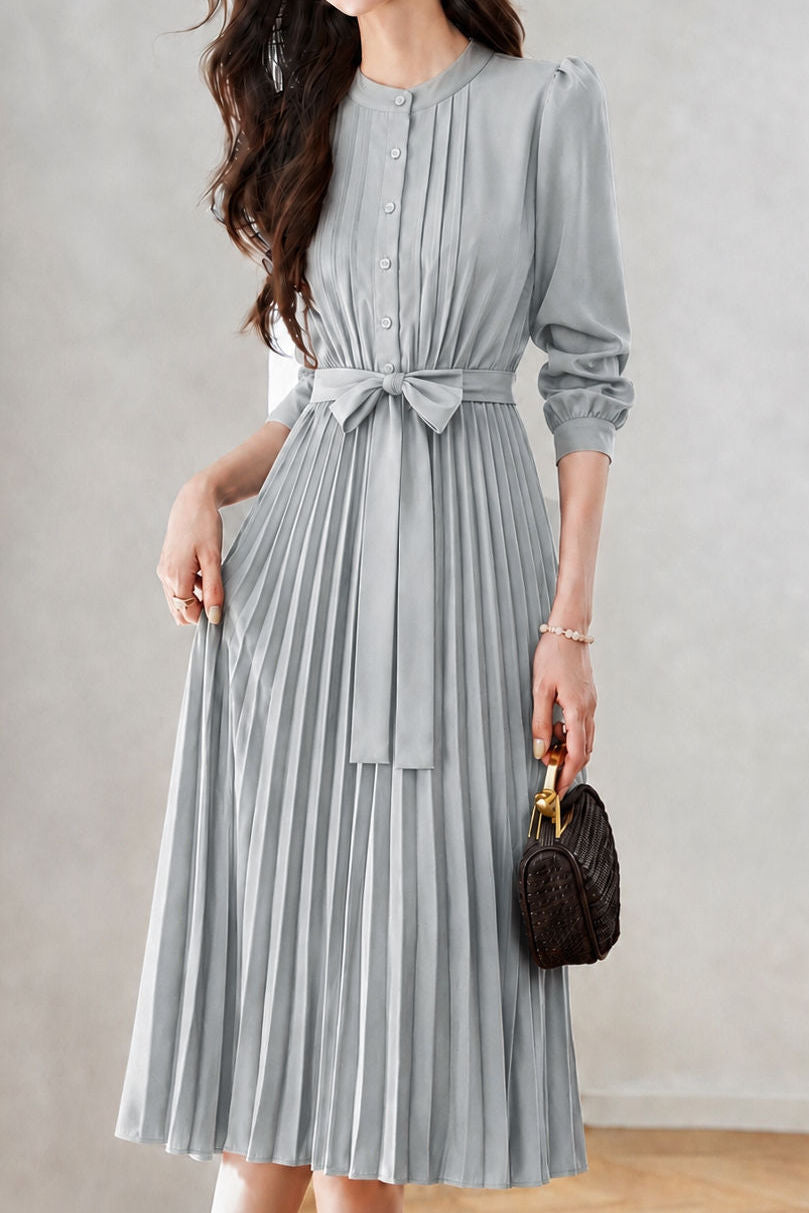 Elegant Crew Neck Tie Waist Long-Sleeve Pleated Dress