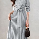 Elegant Crew Neck Tie Waist Long-Sleeve Pleated Dress