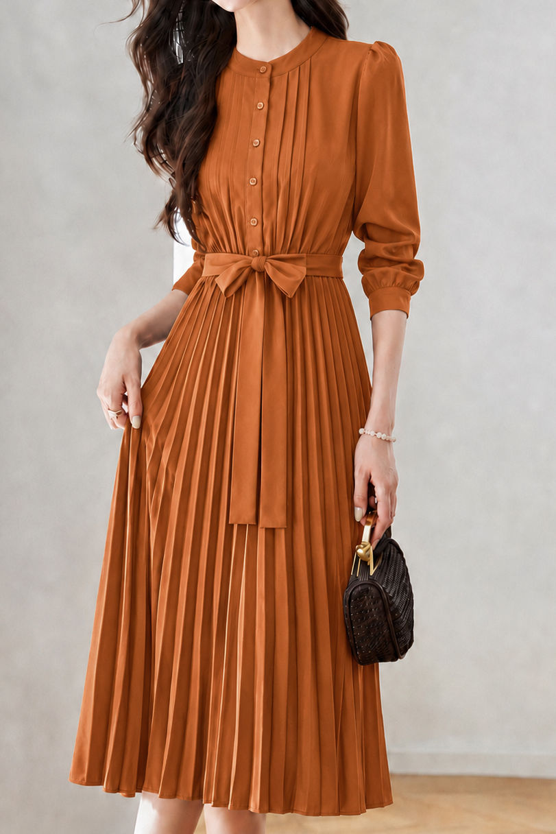 Elegant Crew Neck Tie Waist Long-Sleeve Pleated Dress