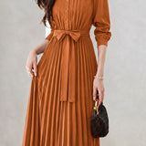 Elegant Crew Neck Tie Waist Long-Sleeve Pleated Dress
