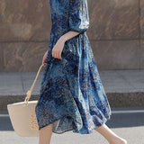Elegant Gathered Crew Neck Printed Three-Quarter Sleeve Dress
