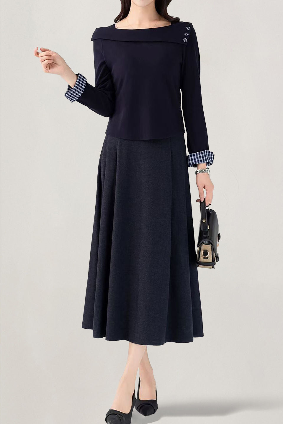 Elegant Off-The-Shoulder Lapel Plaid Spliced Pleated Two-Piece Set: Knit Top & Midi Skirt