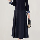 Elegant Off-The-Shoulder Lapel Plaid Spliced Pleated Two-Piece Set: Knit Top & Midi Skirt