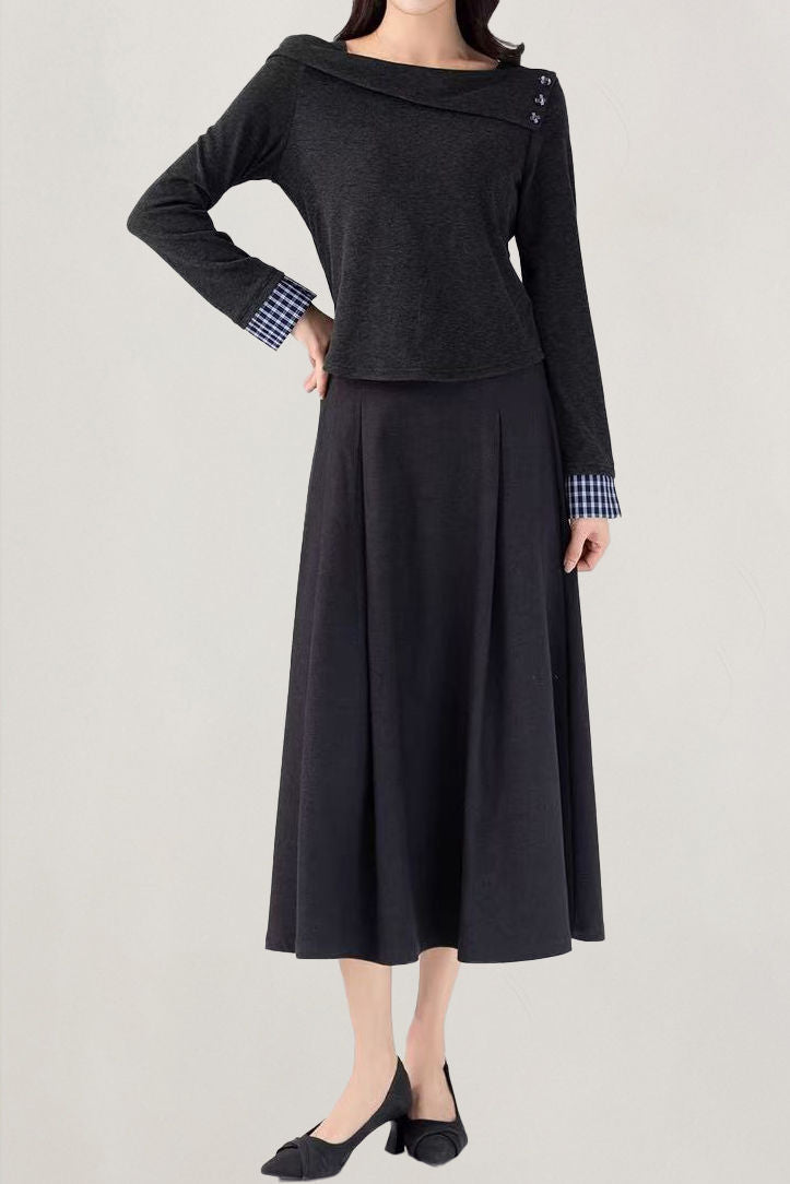 Elegant Off-The-Shoulder Lapel Plaid Spliced Pleated Two-Piece Set: Knit Top & Midi Skirt
