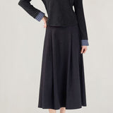 Elegant Off-The-Shoulder Lapel Plaid Spliced Pleated Two-Piece Set: Knit Top & Midi Skirt