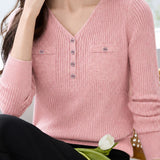 Casual Ribbed Knit Top With Single Patch Pocket & Half Placket