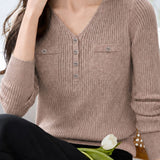 Casual Ribbed Knit Top With Single Patch Pocket & Half Placket