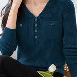 Casual Ribbed Knit Top With Single Patch Pocket & Half Placket