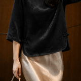 Elegant Commuter Crew Neck Satin Jacquard Three-Quarter Sleeve Blouse
