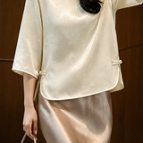 Elegant Commuter Crew Neck Satin Jacquard Three-Quarter Sleeve Blouse