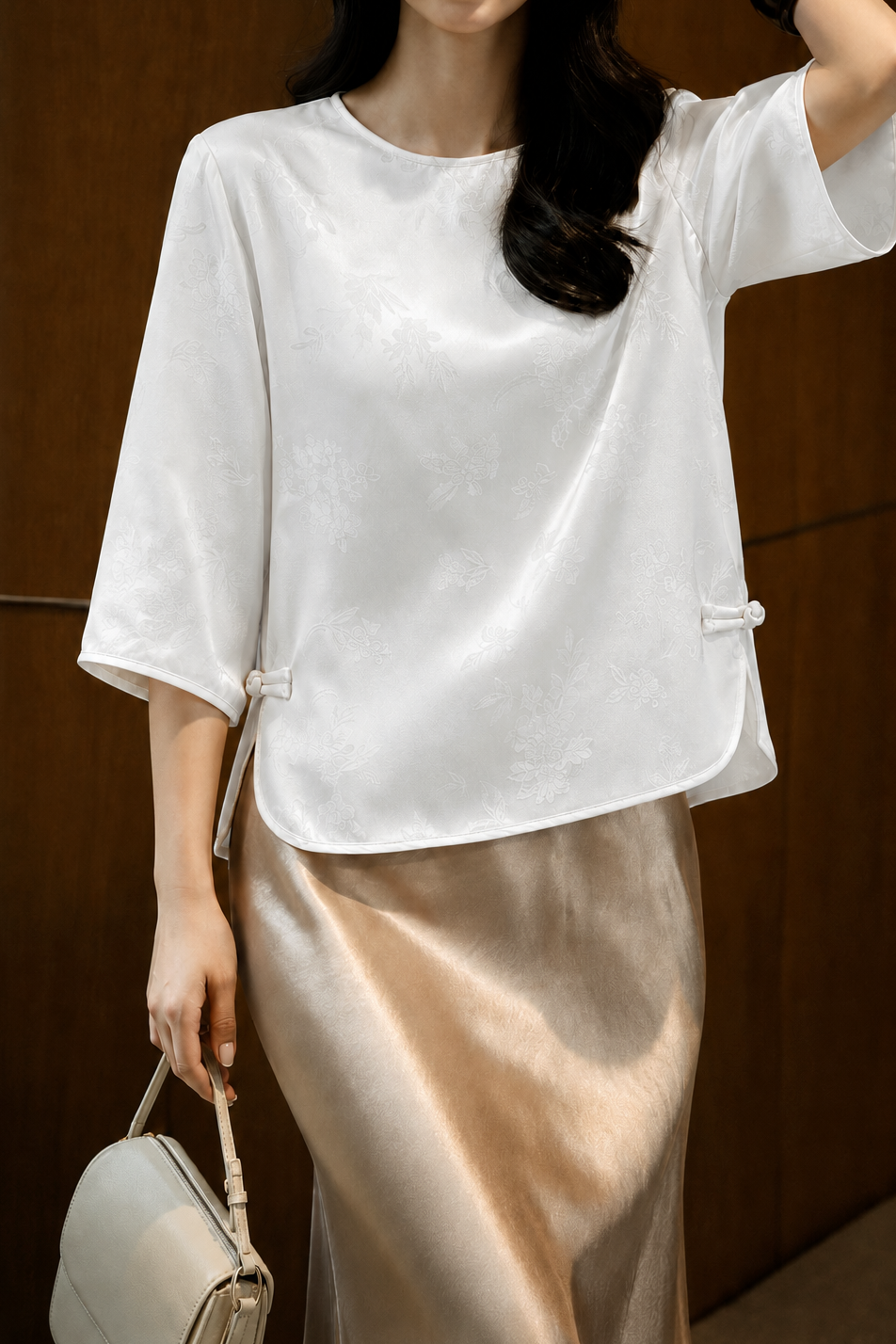 Elegant Commuter Crew Neck Satin Jacquard Three-Quarter Sleeve Blouse