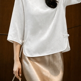 Elegant Commuter Crew Neck Satin Jacquard Three-Quarter Sleeve Blouse