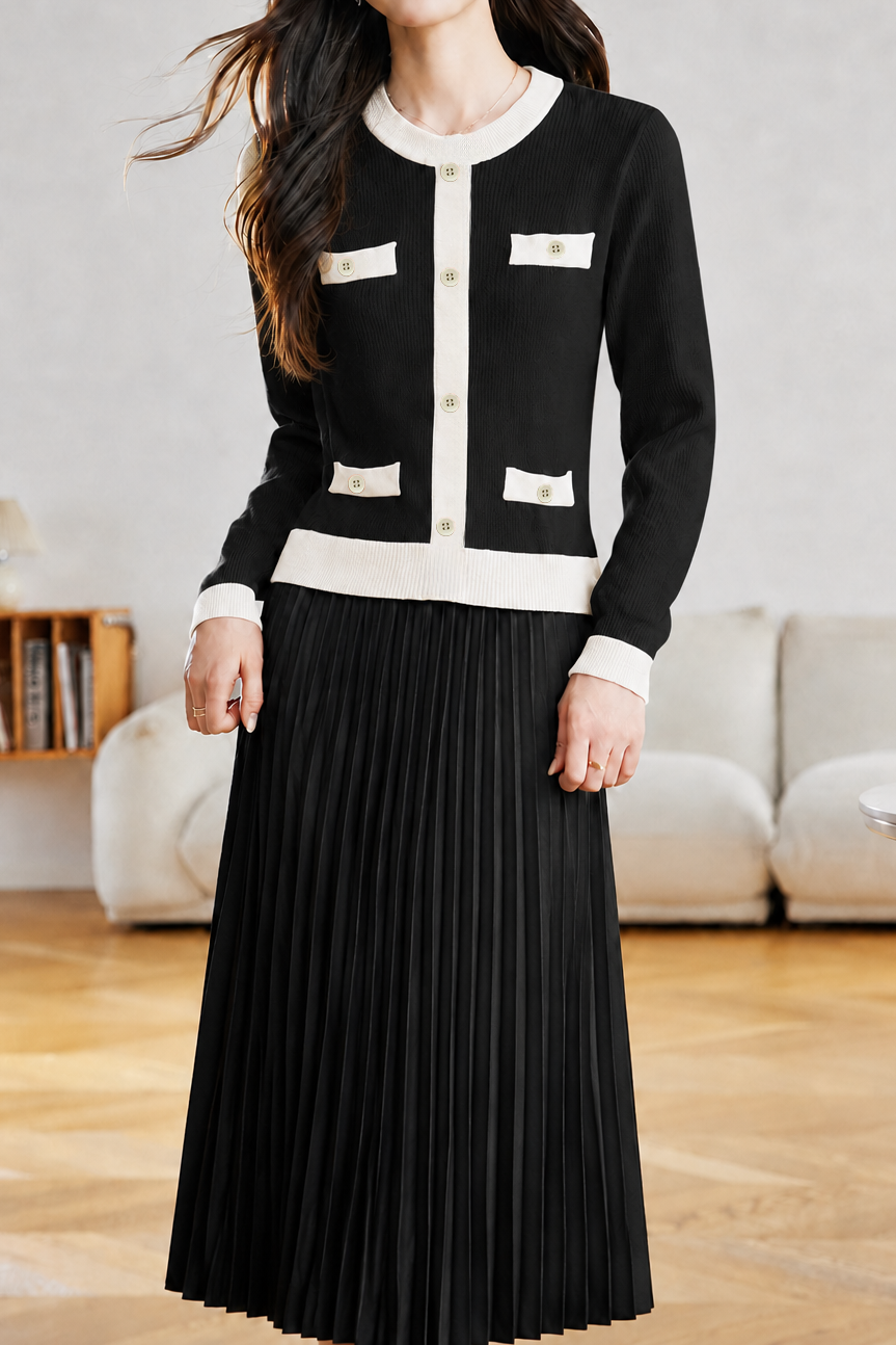 Exquisite Commuter Color-Block Fake Two-Piece Long Sleeve Dress