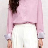 French Casual Lapel Long Sleeve Blouse With Striped Spliced Cuffs