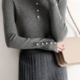 Elegant Commuter Mock Neck Knit Base Layer With Pearl Buttons