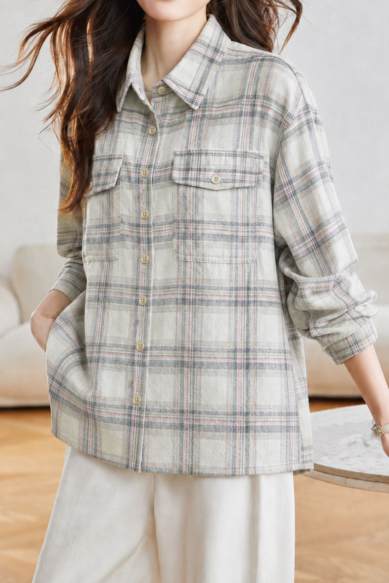 Casual Flannel Plaid Shirt With Flap Patch Pockets