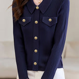 Elegant Ribbed Trim Flap Pocket Knit Cardigan