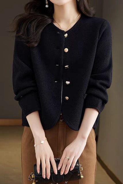 Elegant Crew Neck Knit Coat With Special-Shaped Buttons