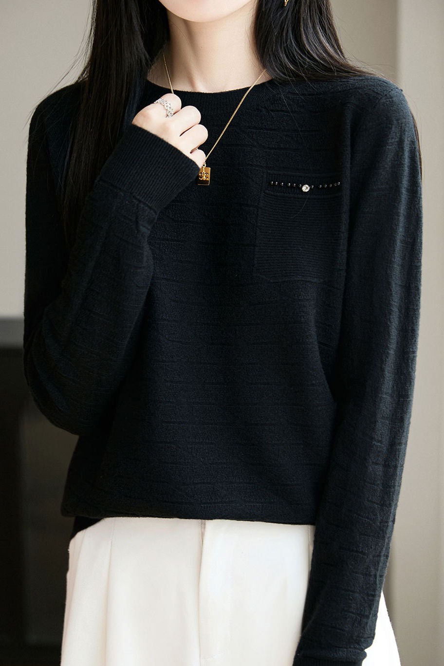 Casual Knit Top With Beads, Rhinestones, Horizontal Arrow Shadow Jacquard