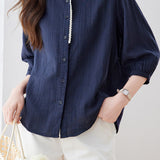 French Commuter Crew Neck Lace Trim Three-Quarter Sleeve Blouse