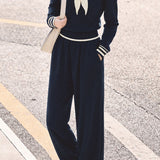 Casual Color-Block Sailor Collar Long Sleeve Knit Top & High Waist Wide-Leg Pants Two-Piece Set