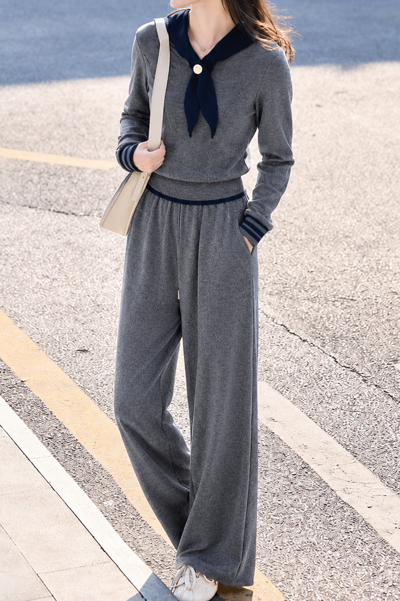Casual Color-Block Sailor Collar Long Sleeve Knit Top & High Waist Wide-Leg Pants Two-Piece Set