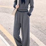 Casual Color-Block Sailor Collar Long Sleeve Knit Top & High Waist Wide-Leg Pants Two-Piece Set